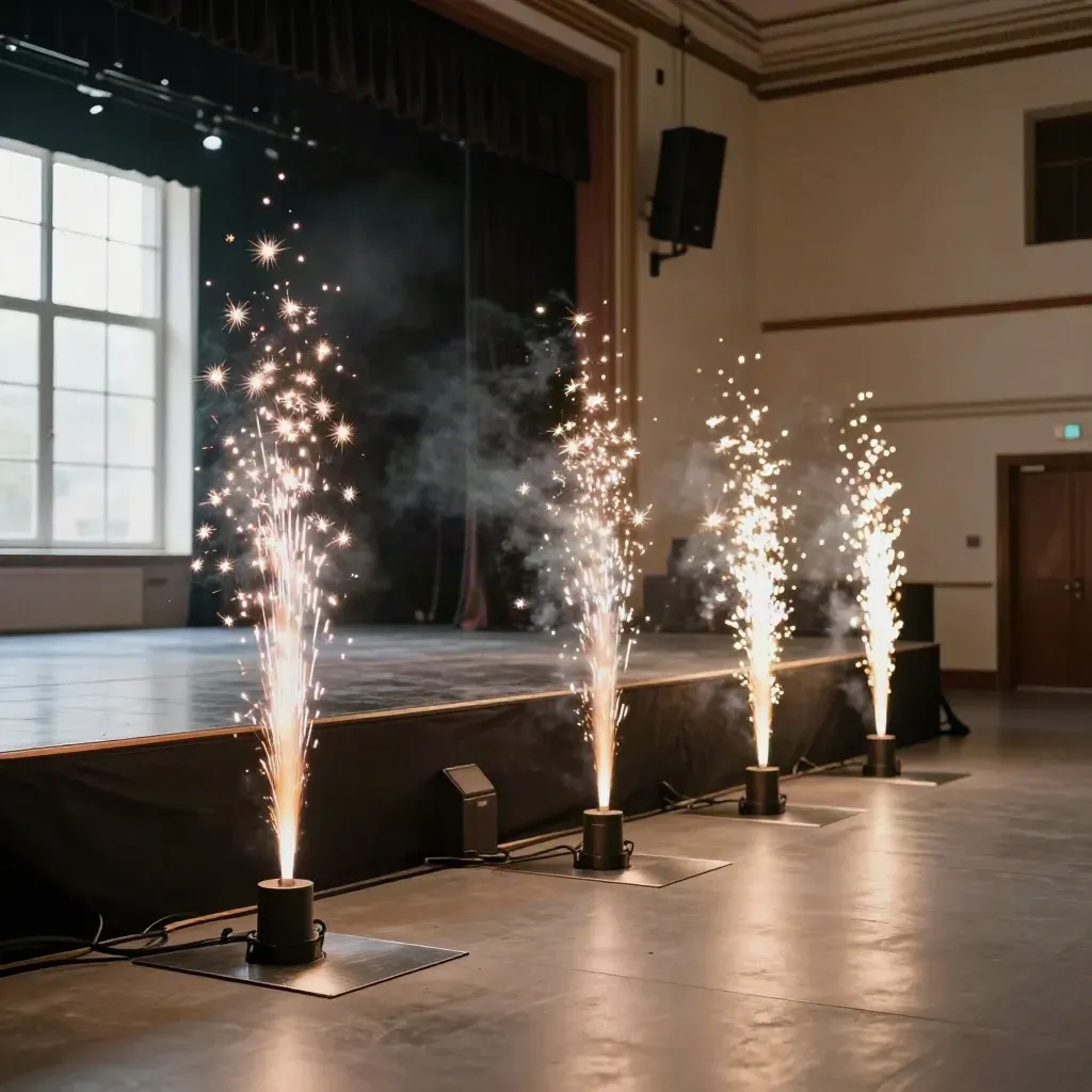 Vier Indoor-Funkenfontänen an einer schwarzen Bühnenkante in einem leeren Saal, warm und cineastisch.