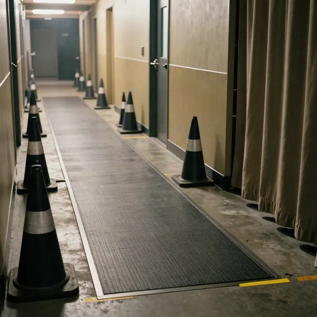 Leere Venue-Zone mit Kegeln, Bodenmarken, Kabelrampe und freiem Fluchtweg im warmen Licht.
