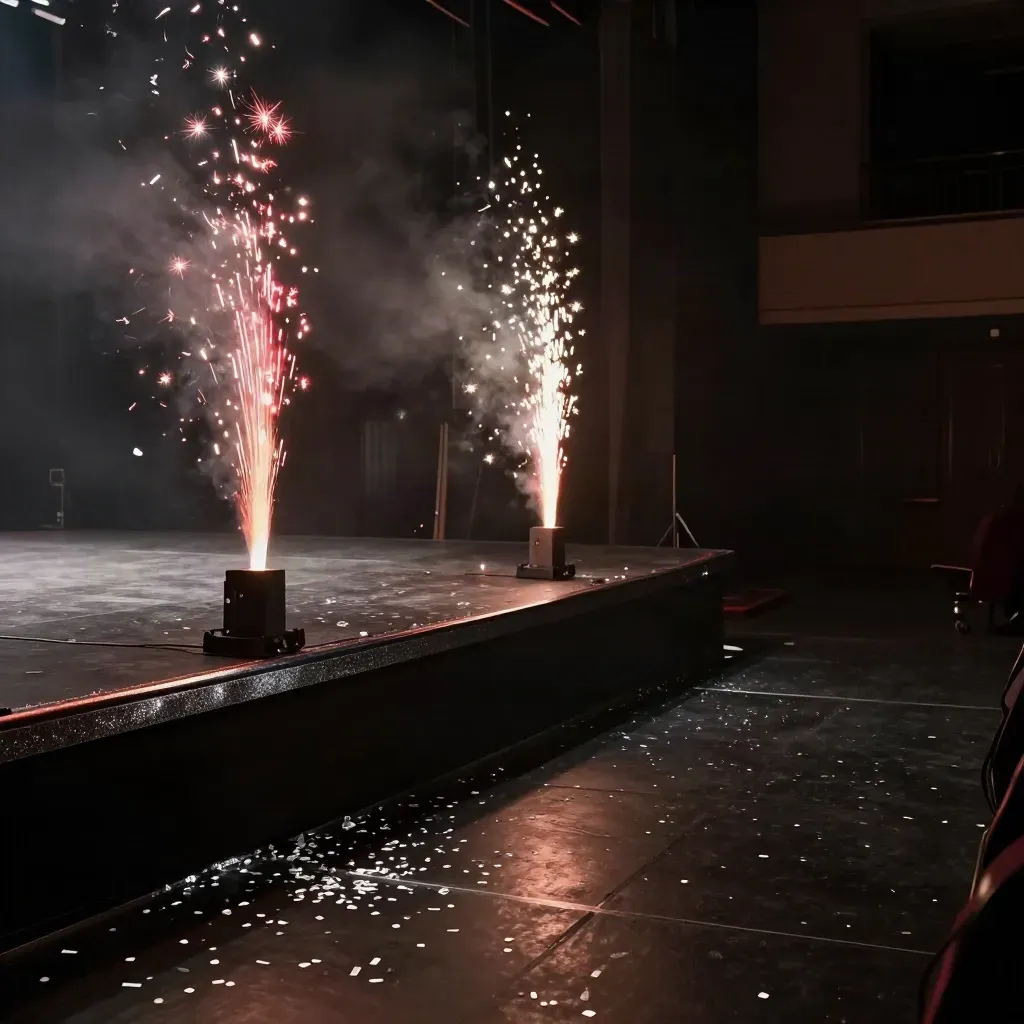 Leerer Bankettsaal mit Sparkulars, Konfetti und Rauch, dramatisch beleuchtet.