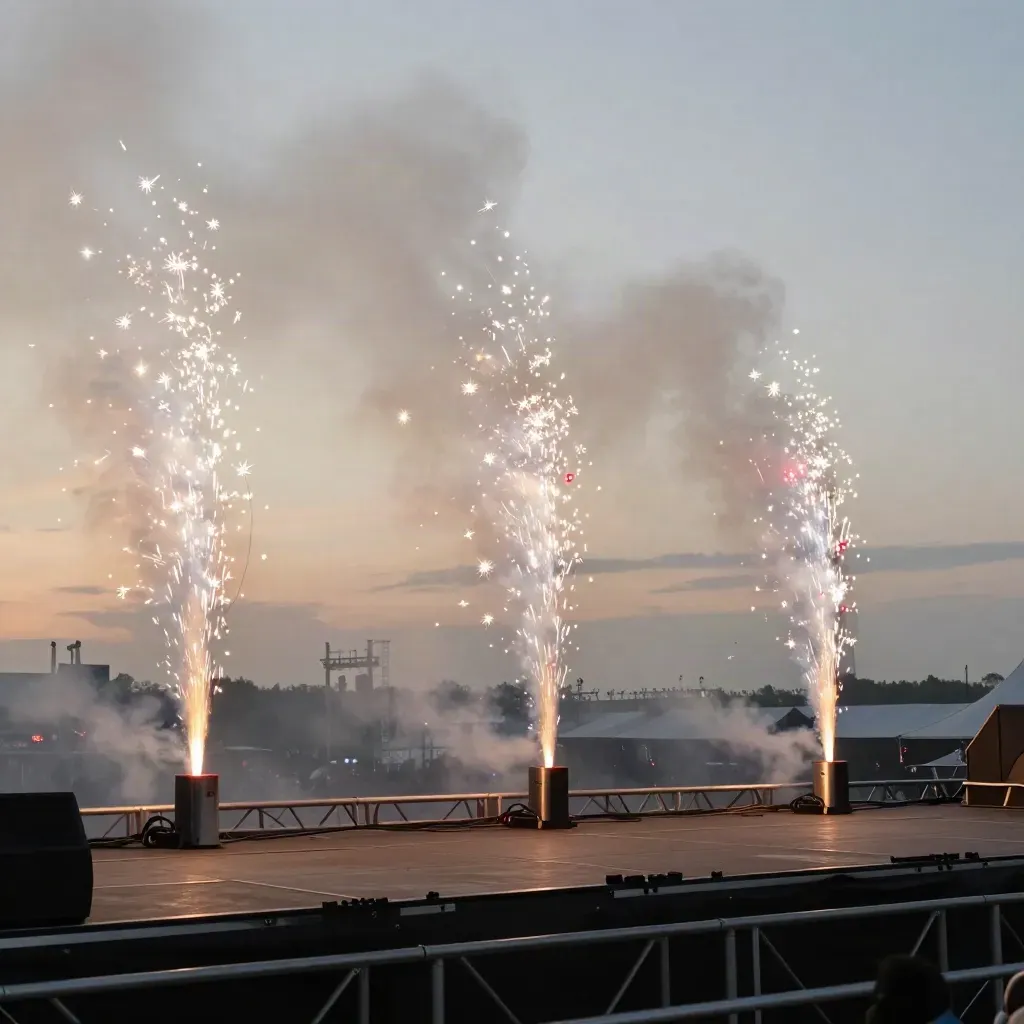 Drei Sparkulars am Festivalrand, Rauchfahnen und funkelnde Effekte vor weitem Sommerhimmel