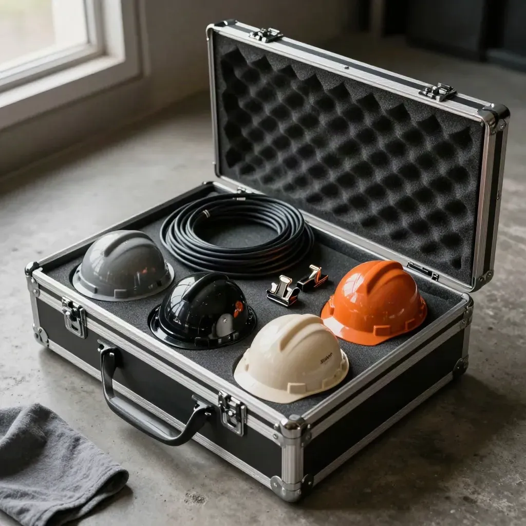 Offener Flightcase mit Sparkular-Kopf, Kabelschlaufe und Klemmen auf Beton, von oben inszeniert