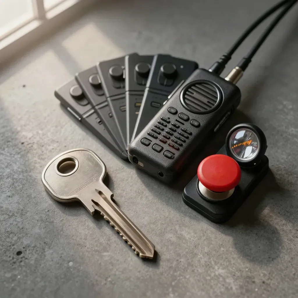 Interlock-Schlüssel, Not-Aus-Taster, Funkempfänger und Cue-Leuchte auf Beton als Flatlay